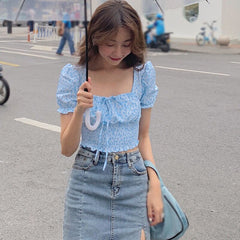 Sexy Puff Sleeve Square Collar Butterfly Printed Shirt
