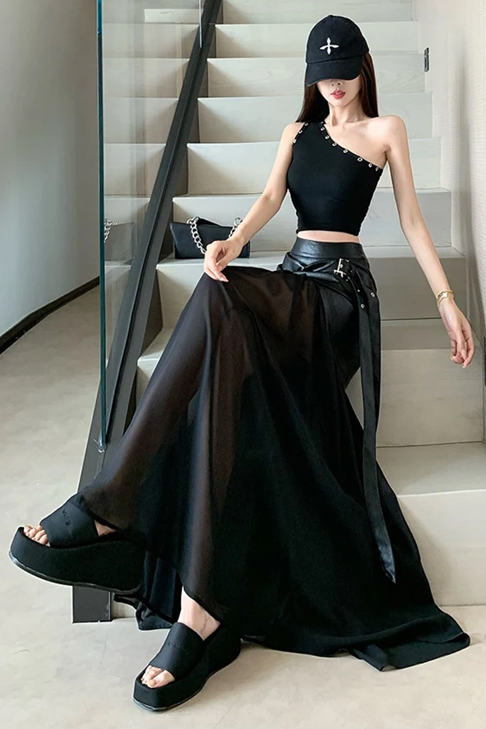 High Waist Mesh Leather A-Line Long Skirts