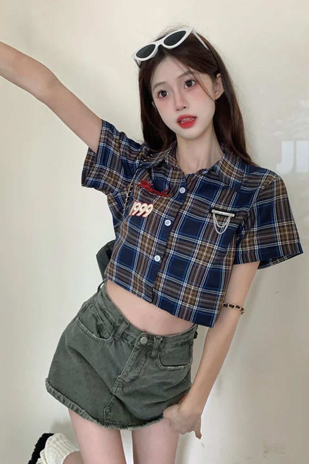Short Sleeve Retro Plaid Cute Cropped Blouse Shirt