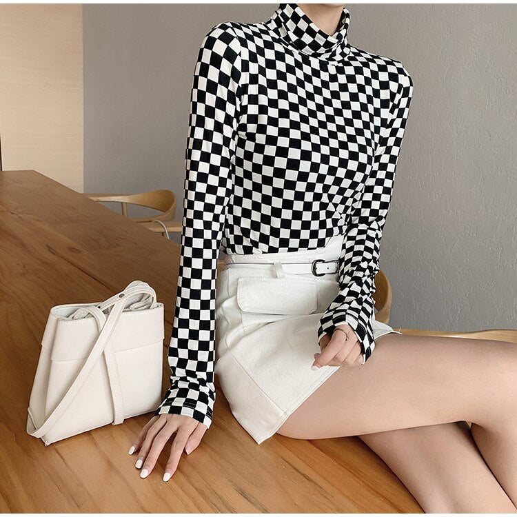 Long Sleeve Turtleneck Checkerboard Plaid Stretchy Shirt