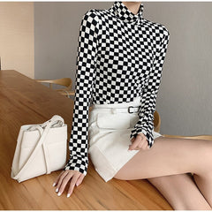 Long Sleeve Turtleneck Checkerboard Plaid Stretchy Shirt