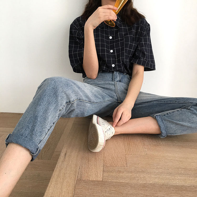 Short Sleeve Color Block Plaid Shirt