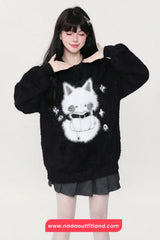 Cute Cat O-Neck Soft Velvet Sweater