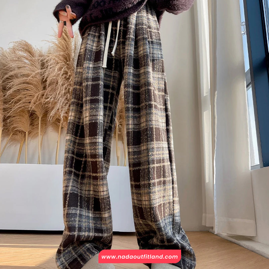High Waist Retro Thicken Plaid Fleece Long Pants