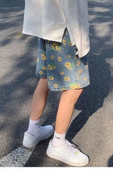 Casual Sun Flower Pattern Denim Men Shorts Pants