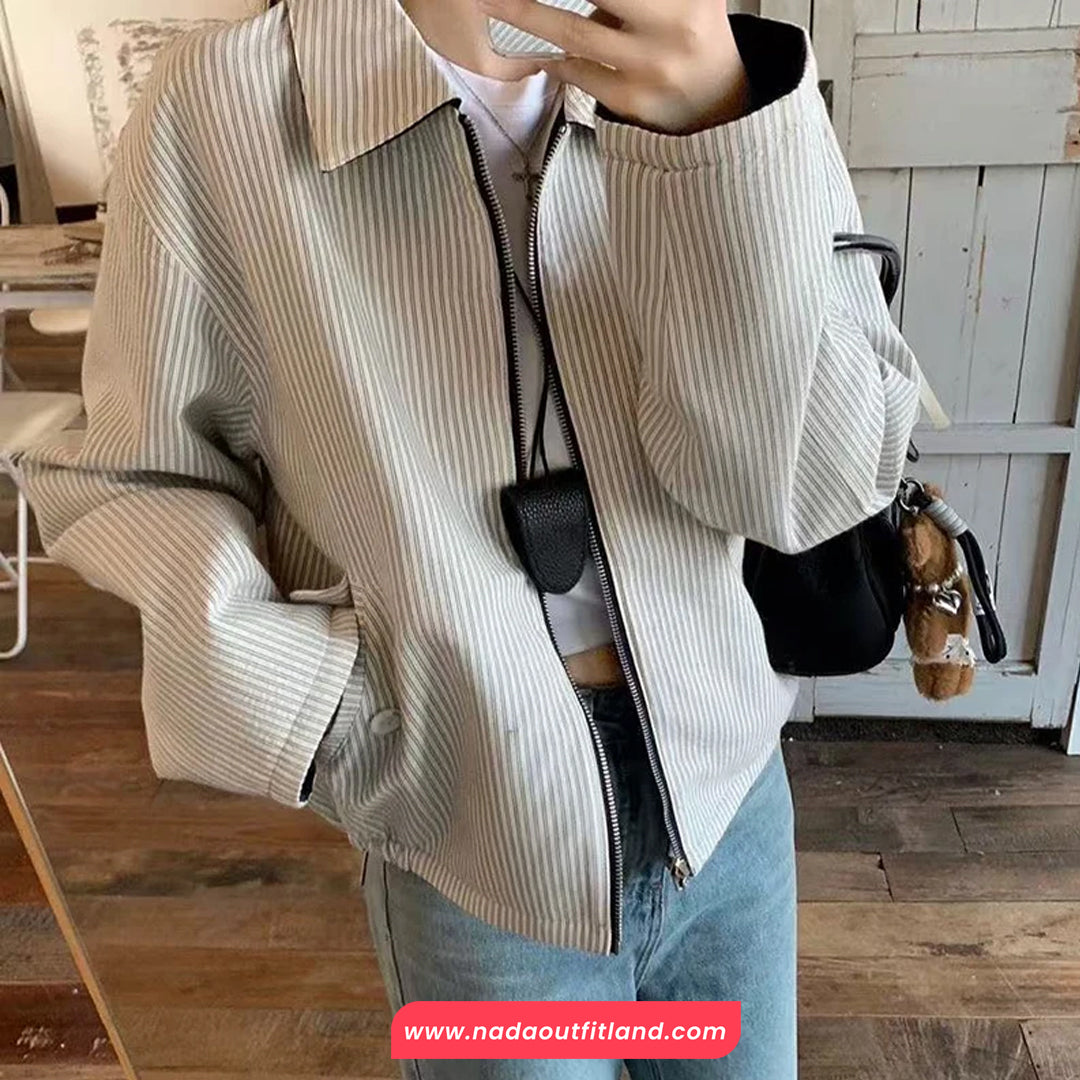 Long Sleeve Double Sided Striped Turn Down Collar Jacket