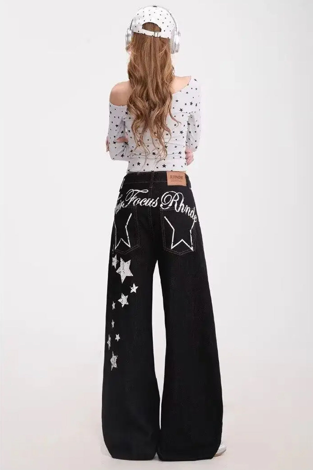 Loose Stars Pattern Back Printed Black Jeans Pants
