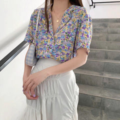Notched Collar Floral Pattern Blouse Shirt