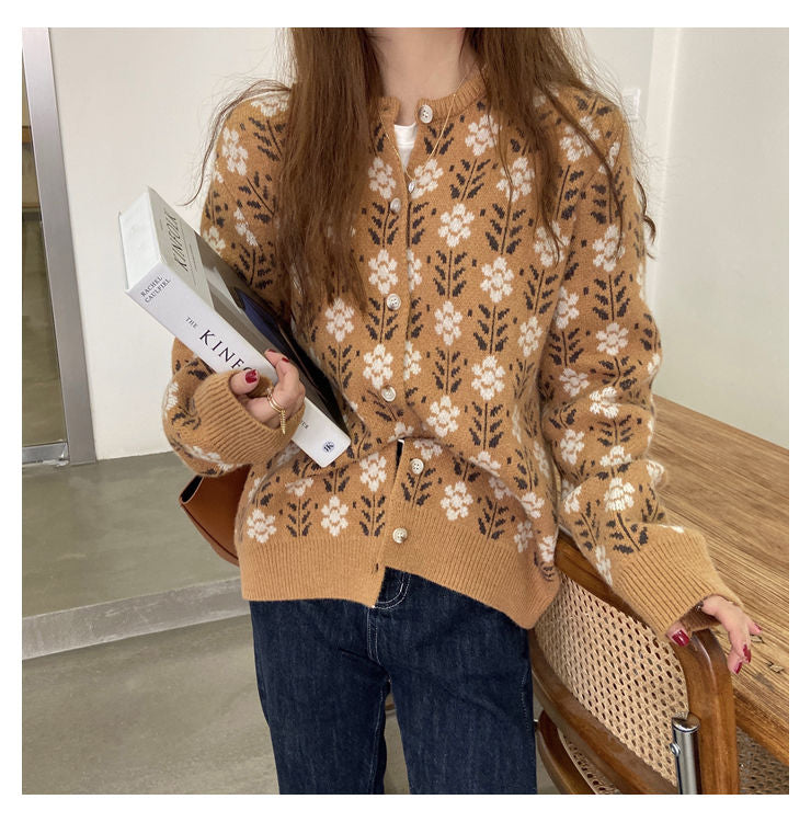 Floral Pattern Knitted Cozy Cardigan Sweater