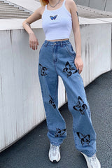 High Waist Butterfly Printed Loose Jeans Pants