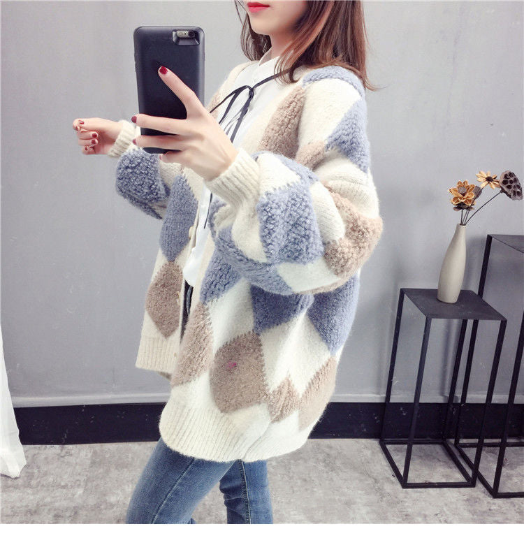 Loose Argyle Pattern Knitted Warm Cardigan Sweater