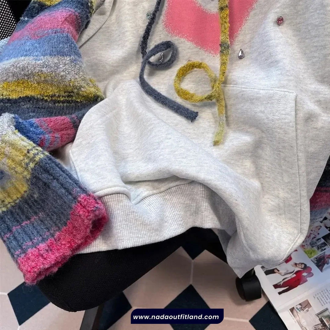 Loose Hooded Striped Rhinestone Sequined Sweatshirt