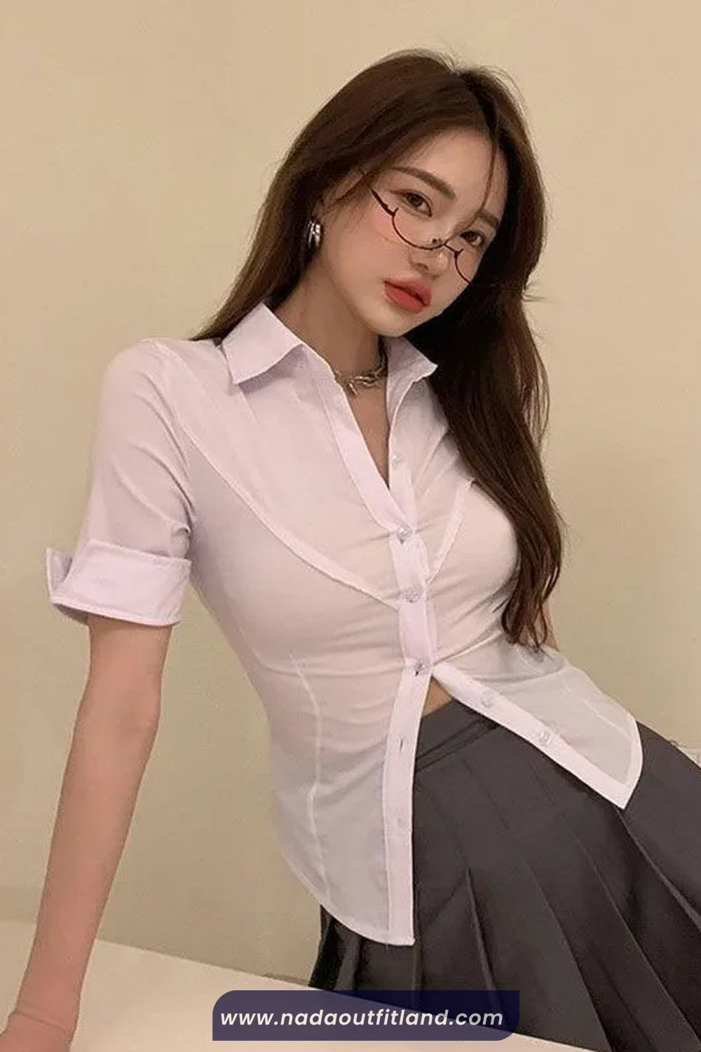 Short Sleeve Turn Down Collar Cropped Slim Blouse Shirt