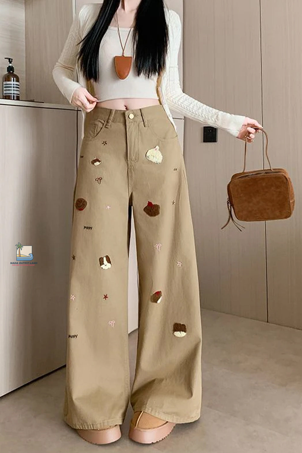 High Waist Loose Cute Dog Embroidered Khaki Jeans Pants