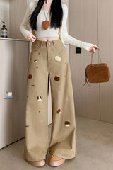 High Waist Loose Cute Dog Embroidered Khaki Jeans Pants