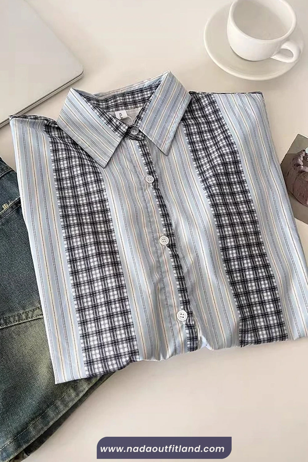 Long Sleeve Retro Striped And Plaid Combination Blouse Shirt