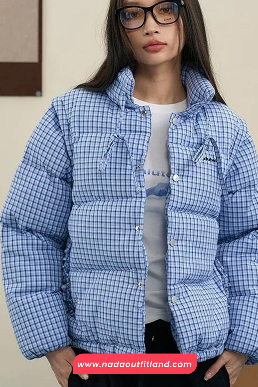 Blue Plaid Pattern Removable Sleeve Parkas Puffy Jacket