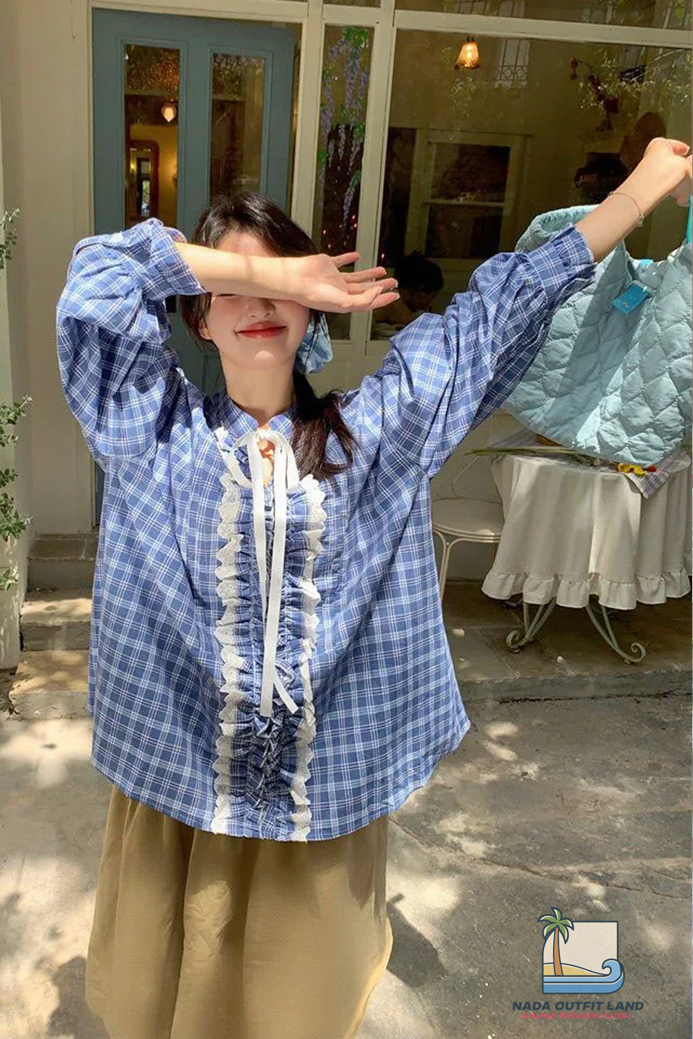 Long Sleeve Bow Lace Up Ruffled Blue Plaid Blouse Shirt