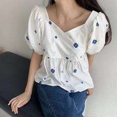 Loose Puff Sleeve V-Neck Floral Blouse Shirt
