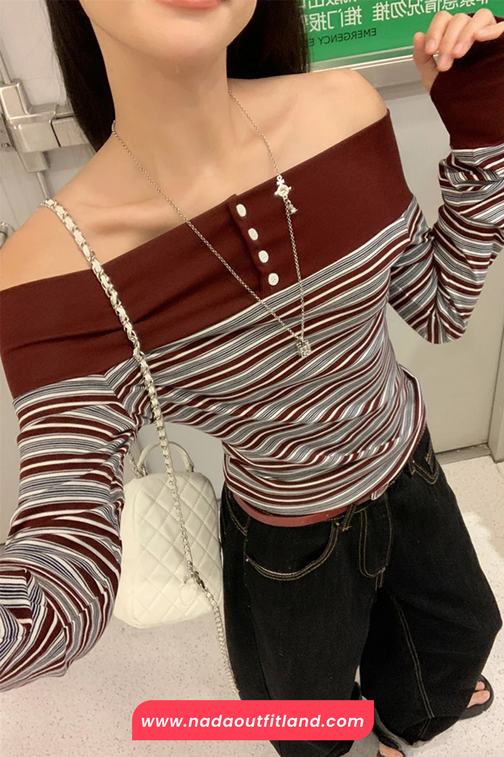 Long Sleeve Slash Neck Striped Cropped Slim Shirt
