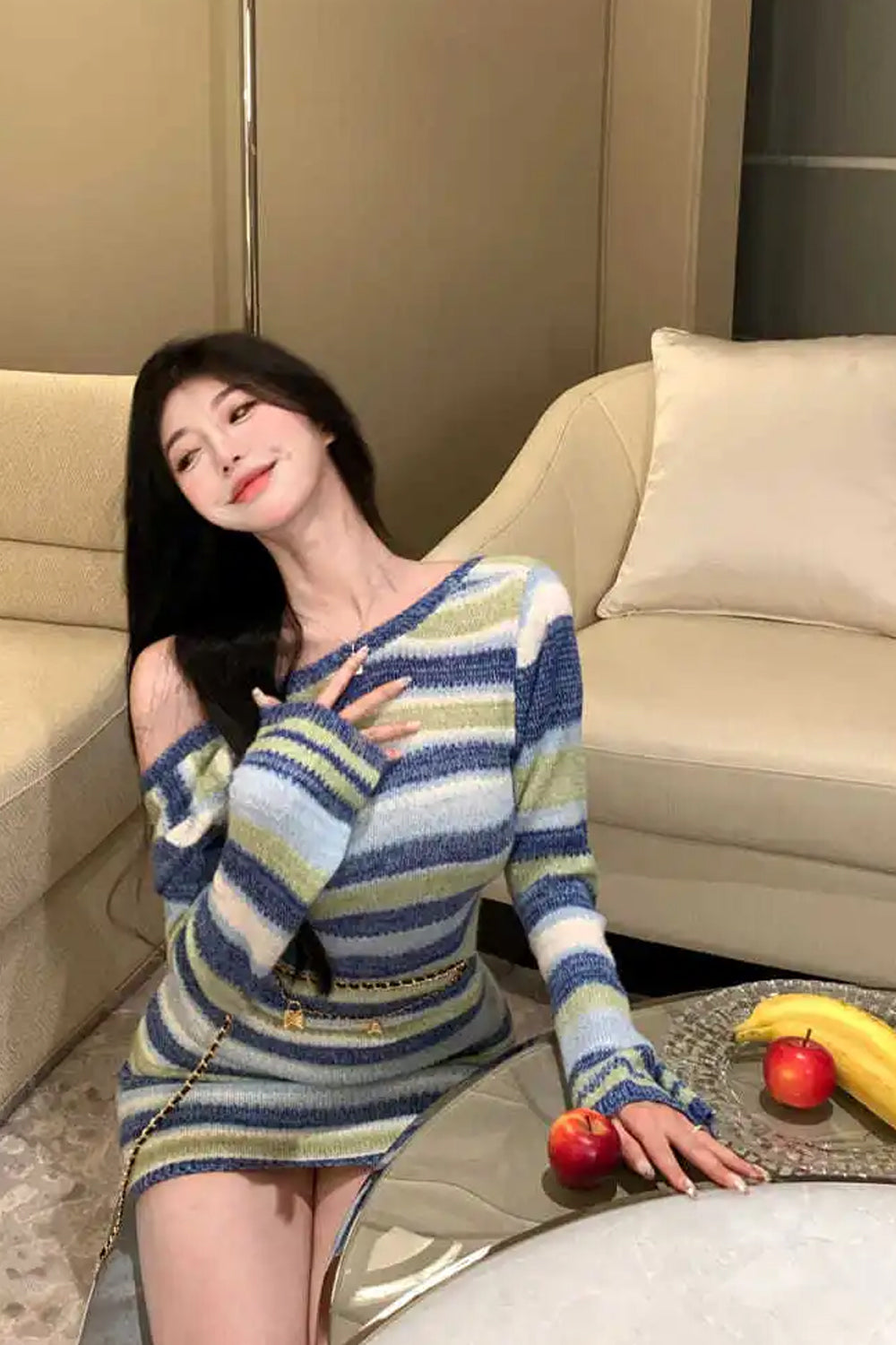 Long Sleeve Striped Knitted Backless Midi Dress