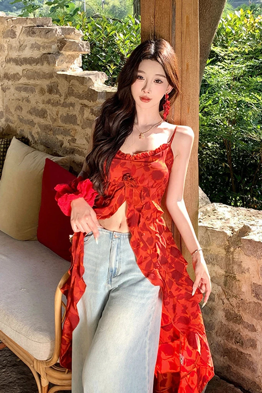 Vintage Red Floral Bodycon Summer Vacation Dress