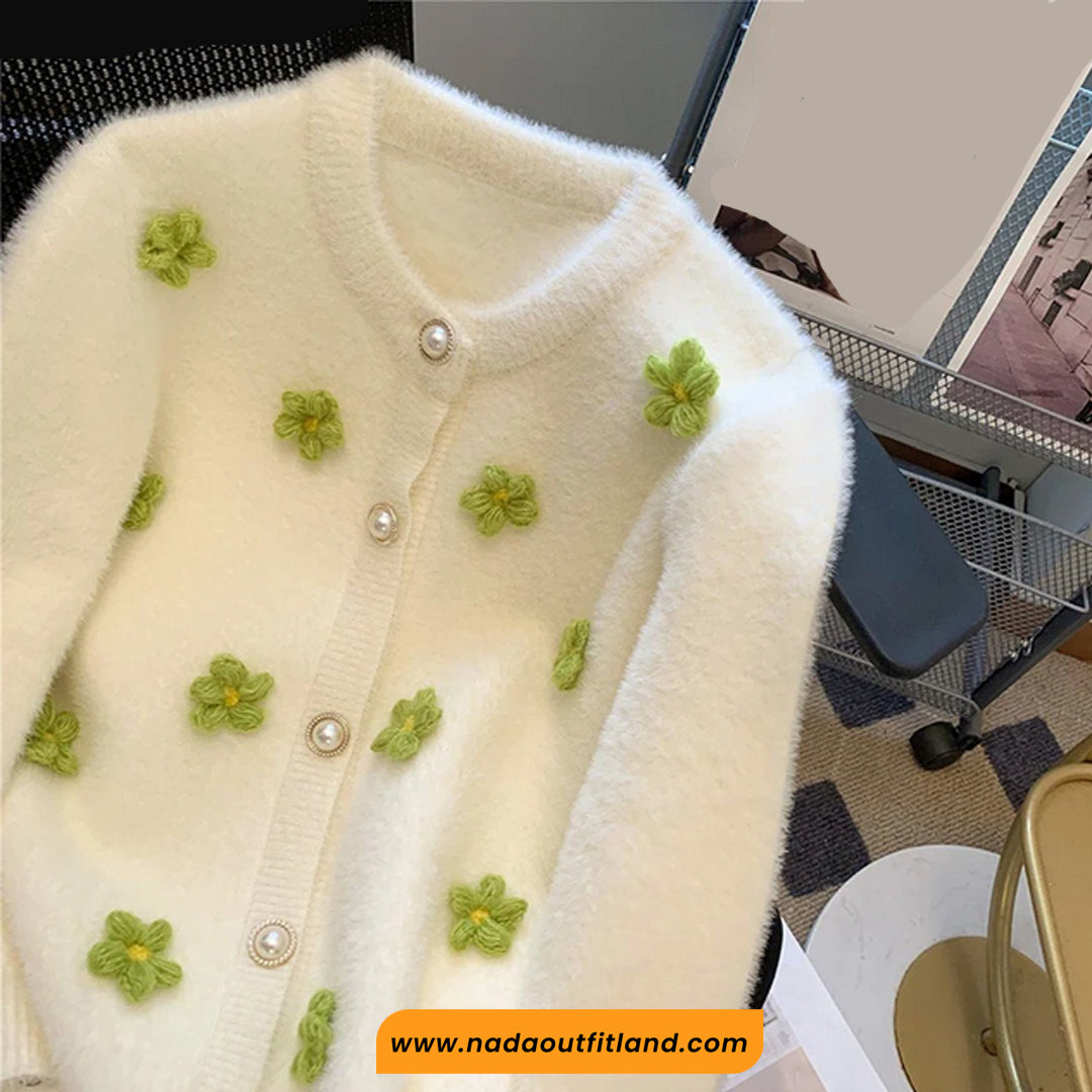 Long Sleeve 3D Flowers Pattern O-Neck Cardigan Sweater