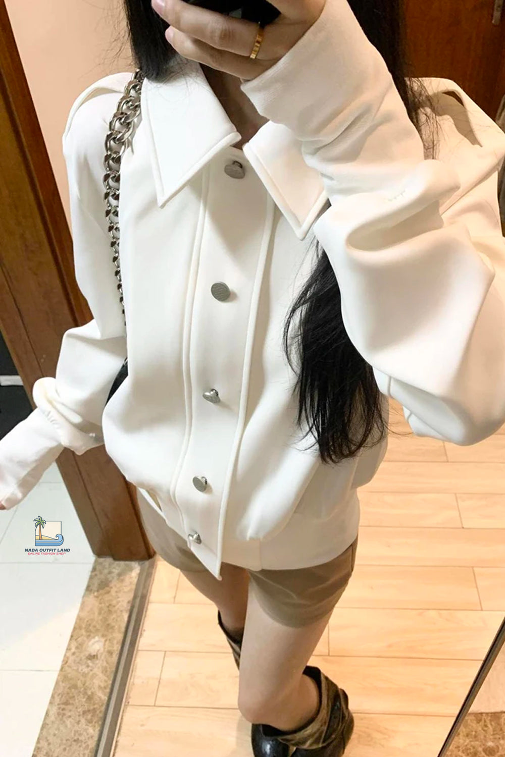 Long Sleeve Vintage Turn Down Collar White Jacket