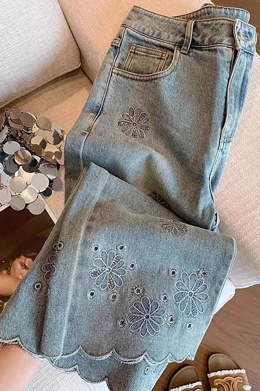 High Waist Lace Floral Embroidered Ankle Length Jeans Pants
