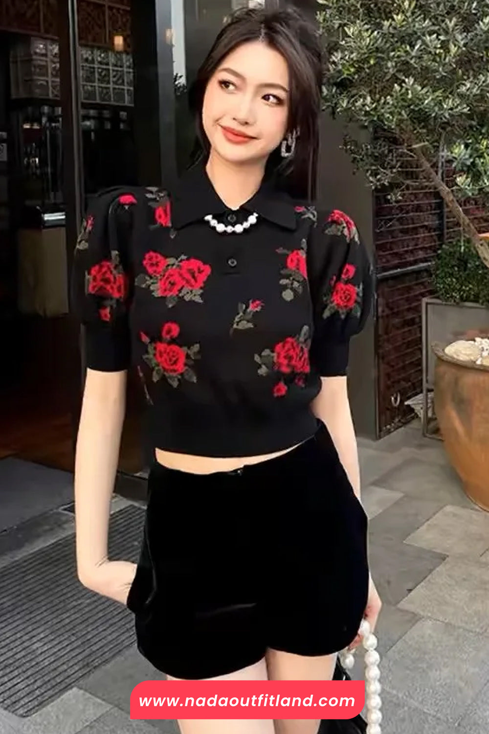 Short Sleeve Red Rose Pattern Knitted Shirt