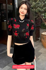 Short Sleeve Red Rose Pattern Knitted Shirt