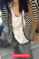 Long Sleeve Black White Striped Knitted Hooded Cardigan Sweater