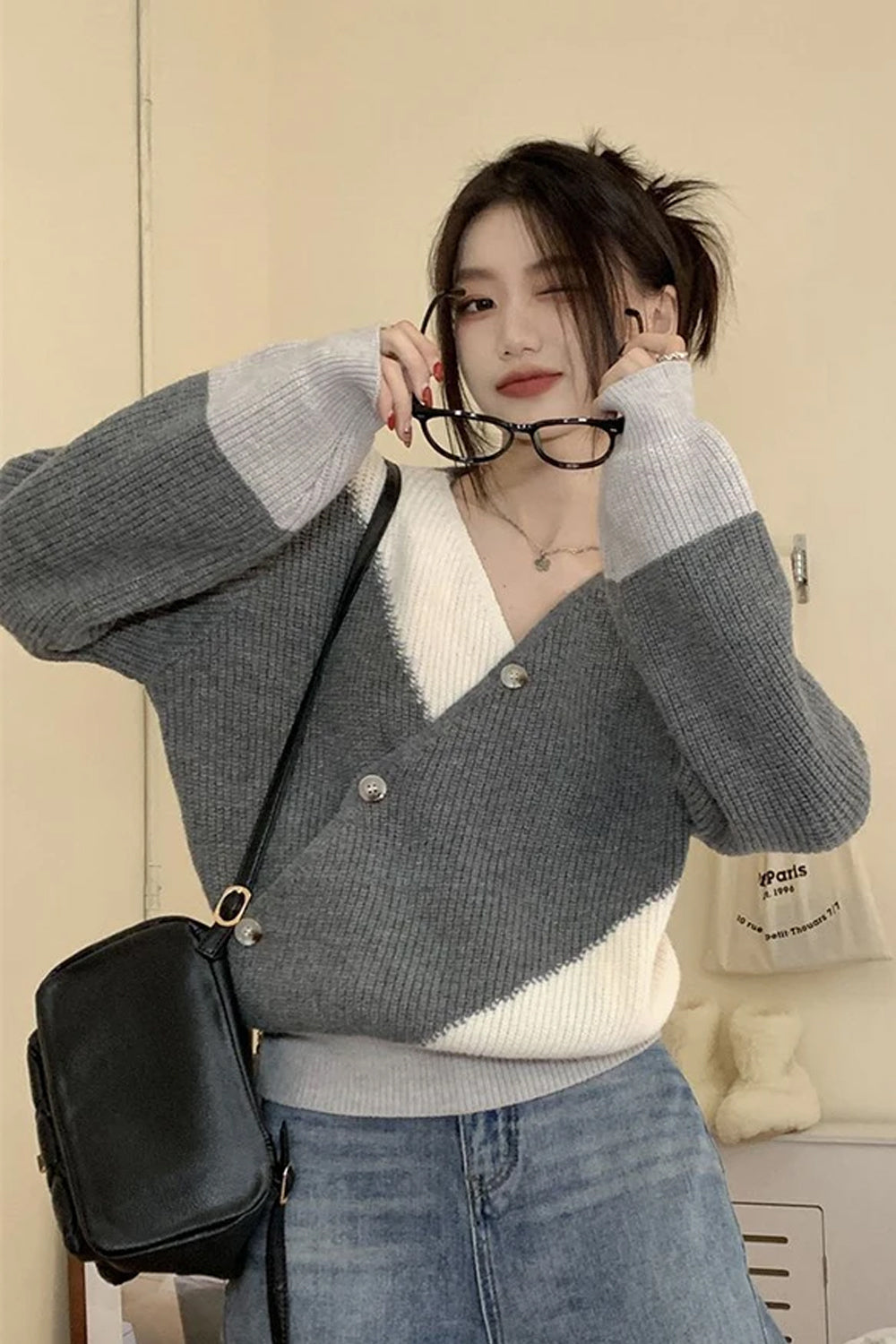 Loose V-Neck Irregular Button Sweater