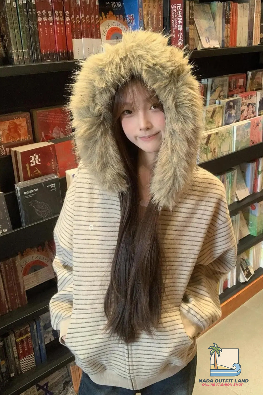 Long Sleeve Striped Faux Fur Style Hooded Sweatshirt