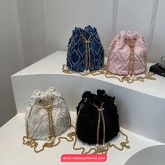 Cute Pearl Tassel Denim Women Bucket Bag