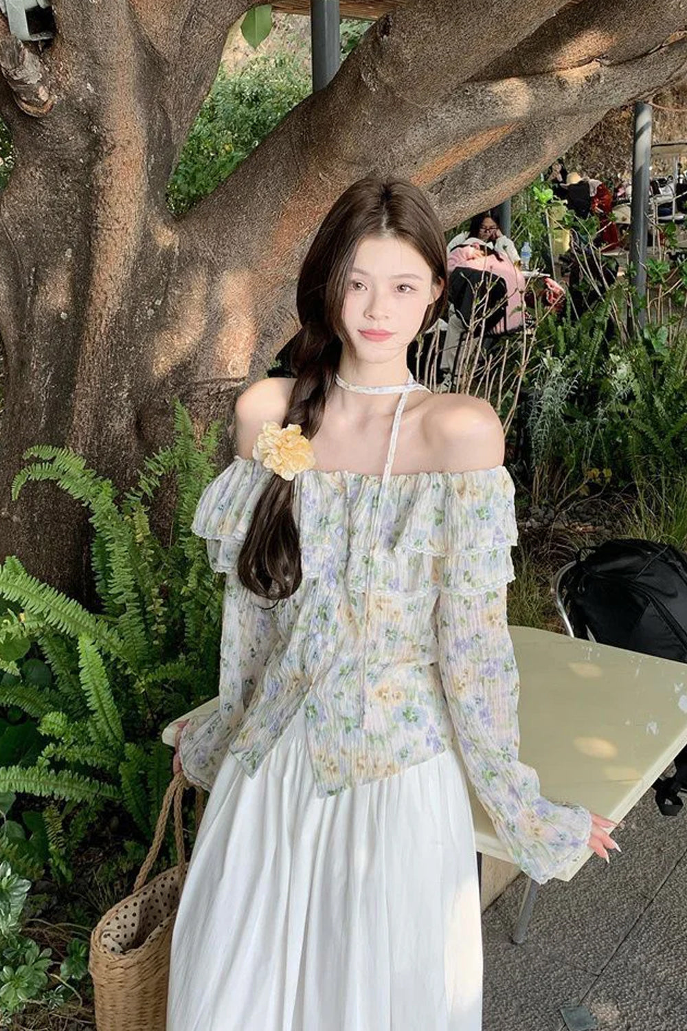 Long Sleeve Sexy Slash Neck Elegant Floral Blouse Shirt