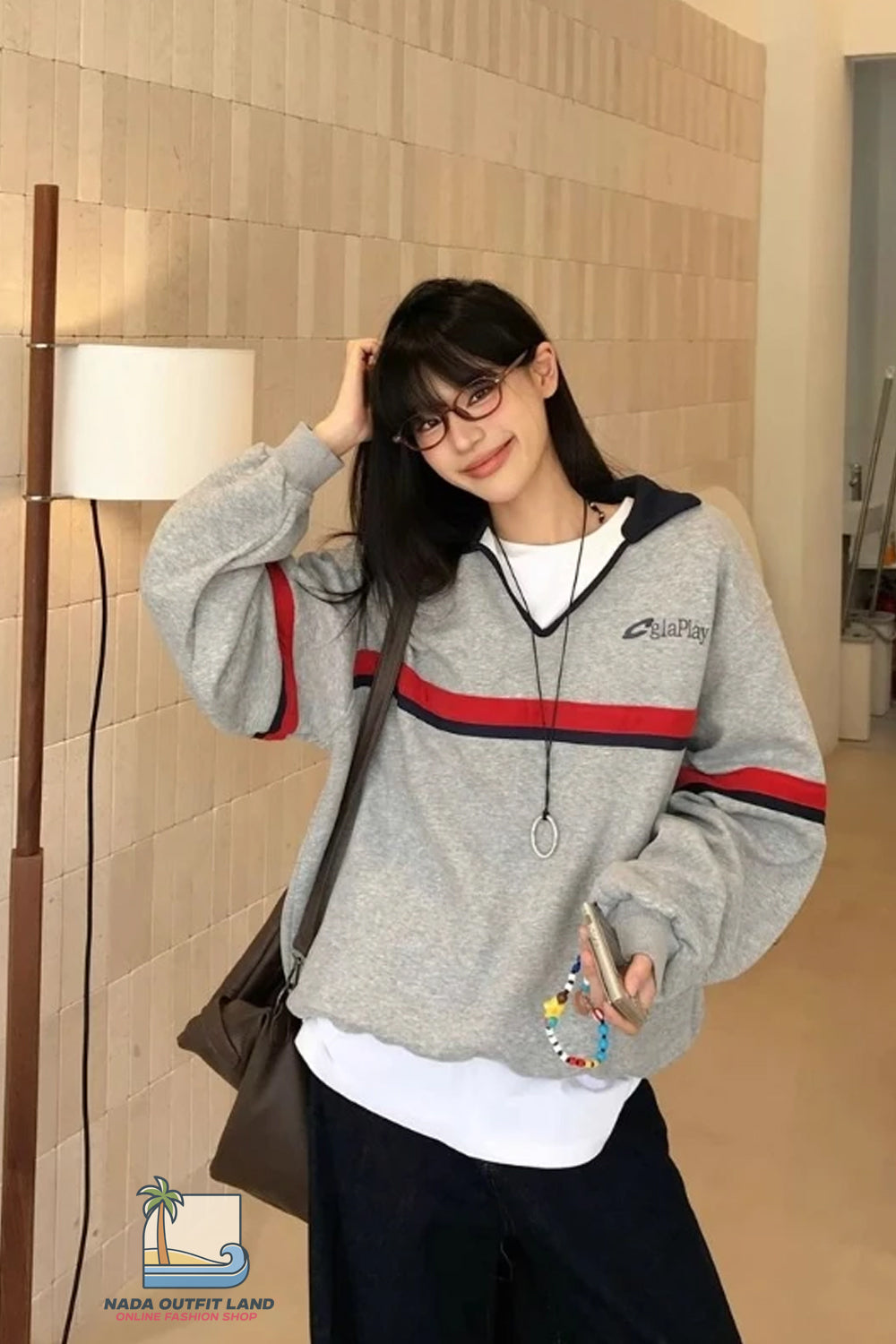Long Sleeve Grey Striped Pattern Lapel Collar Retro Sweatshirt