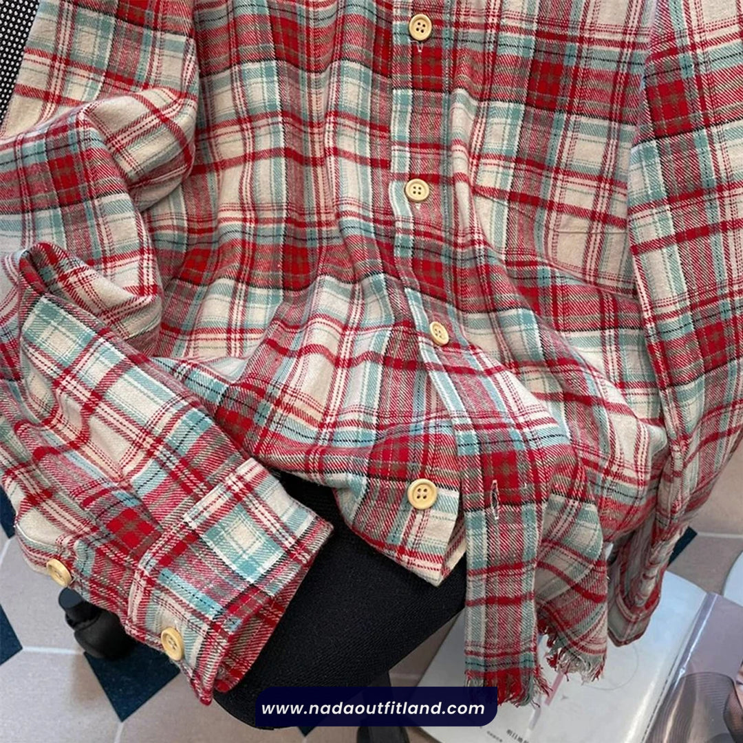 Loose Retro Red Plaid Blouse Shirt