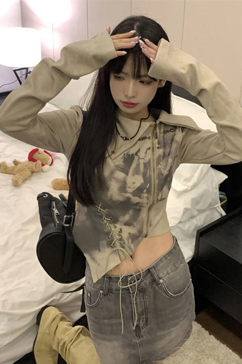 Long Sleeve Sexy Irregular Zipper Cropped Shirt