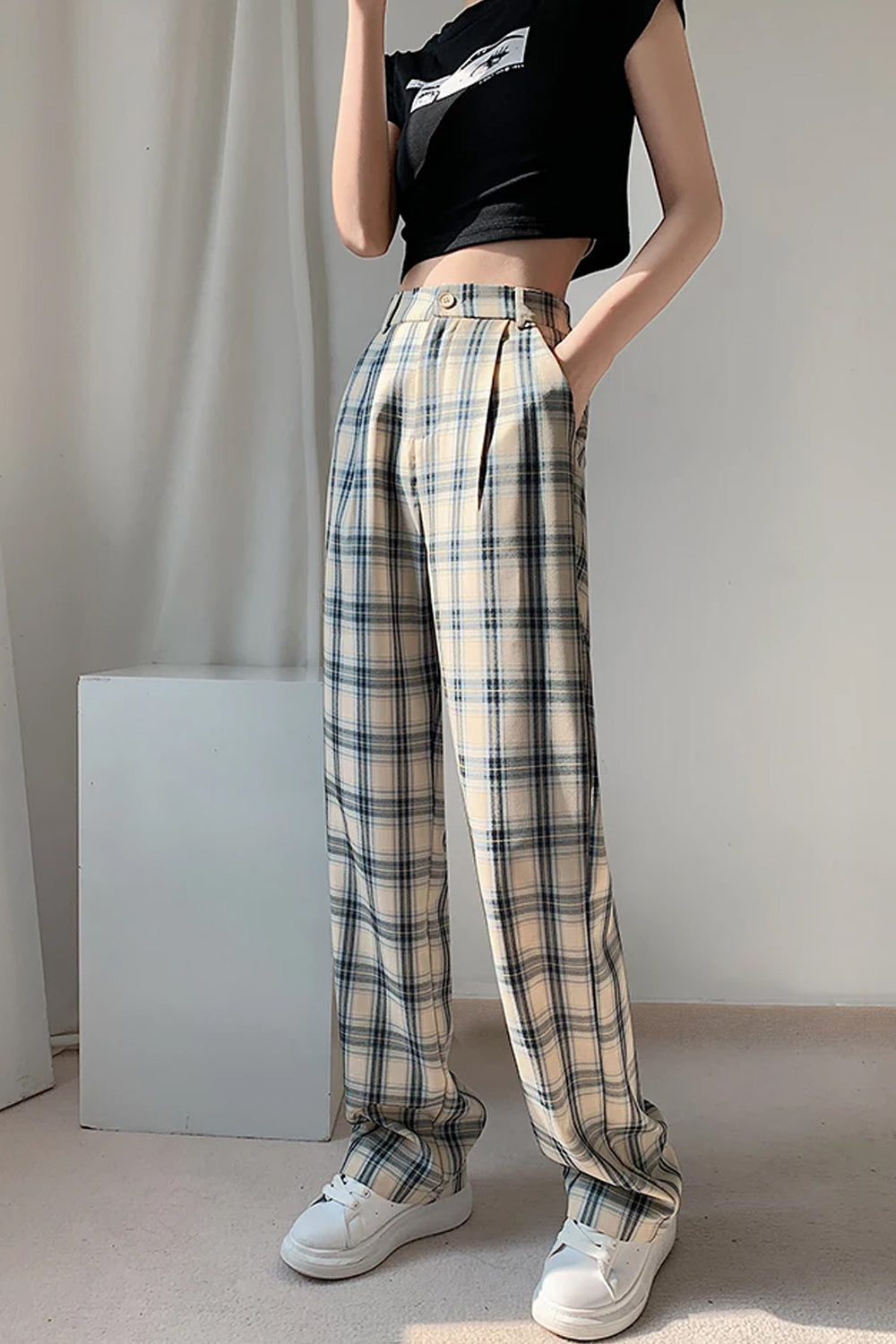 High Waist Plaid Elegant Long Pants