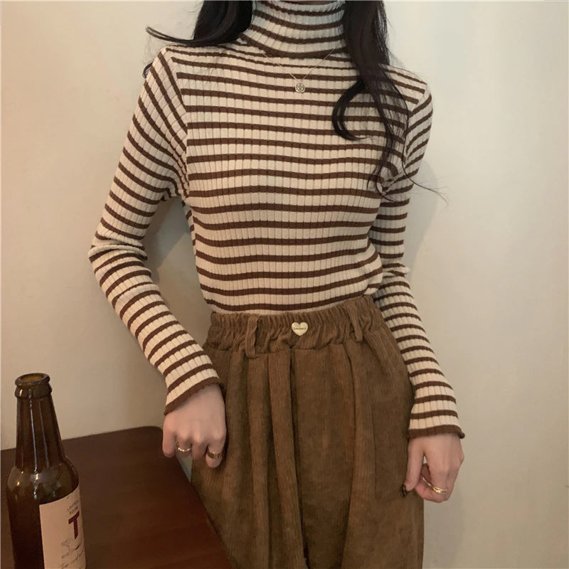 Retro Striped Turtleneck Slim Sweater