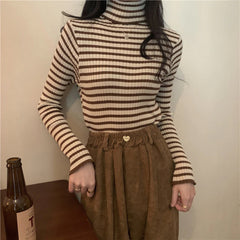 Retro Striped Turtleneck Slim Sweater