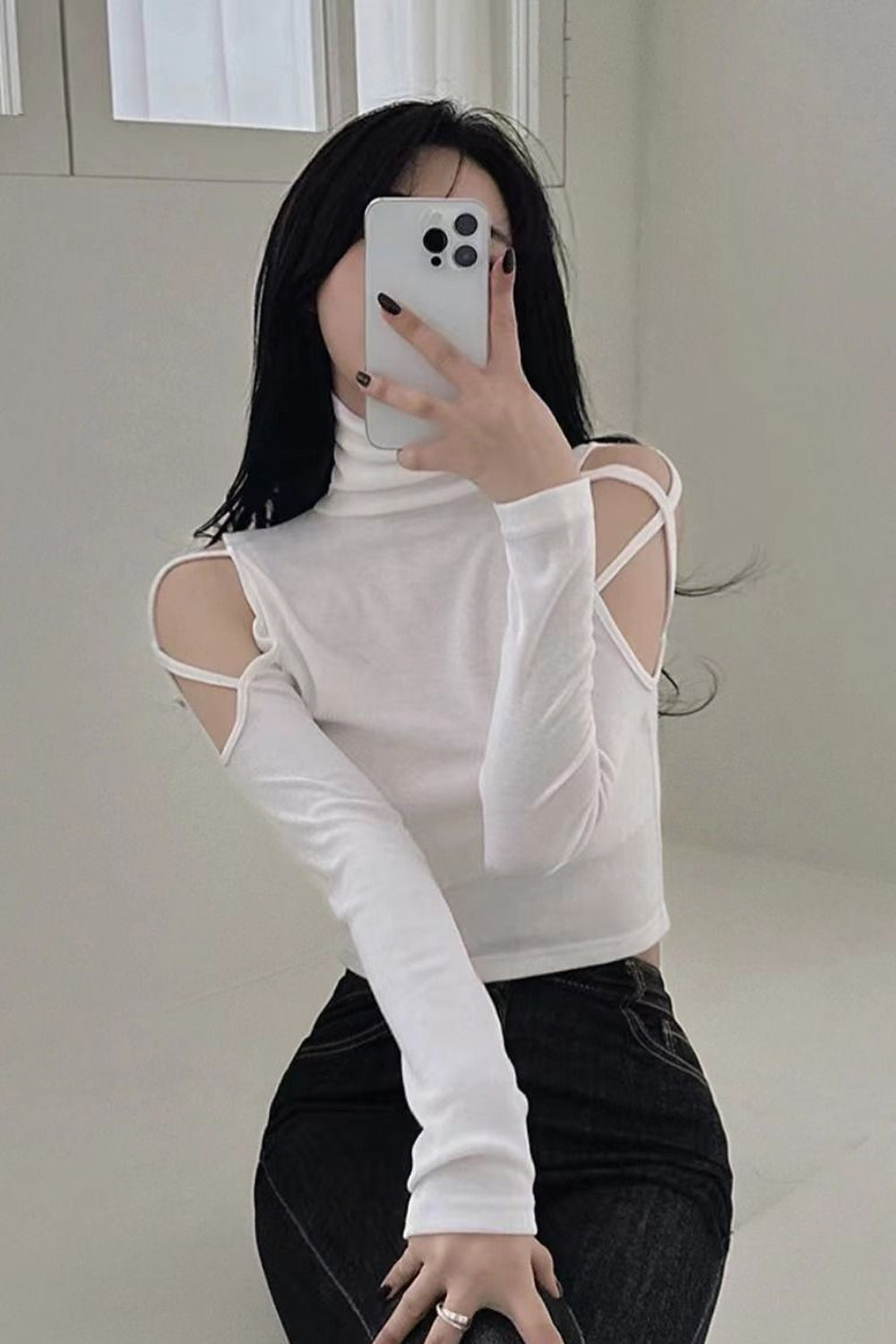 Long Sleeve Sexy Hollow Out Turtleneck Shirt