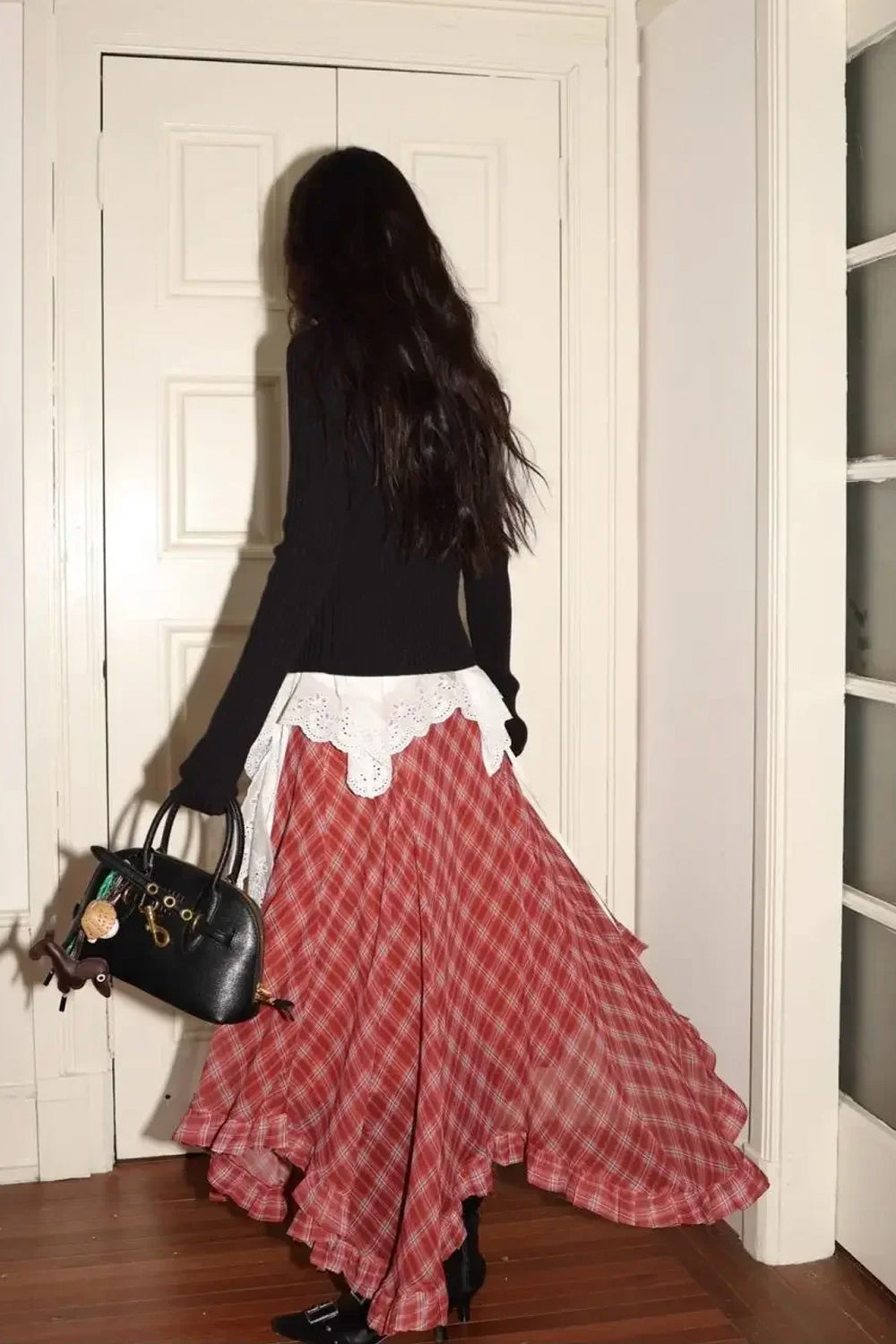 Vintage Two Tone Asymmetrical Plaid Flounce Midi Skirts