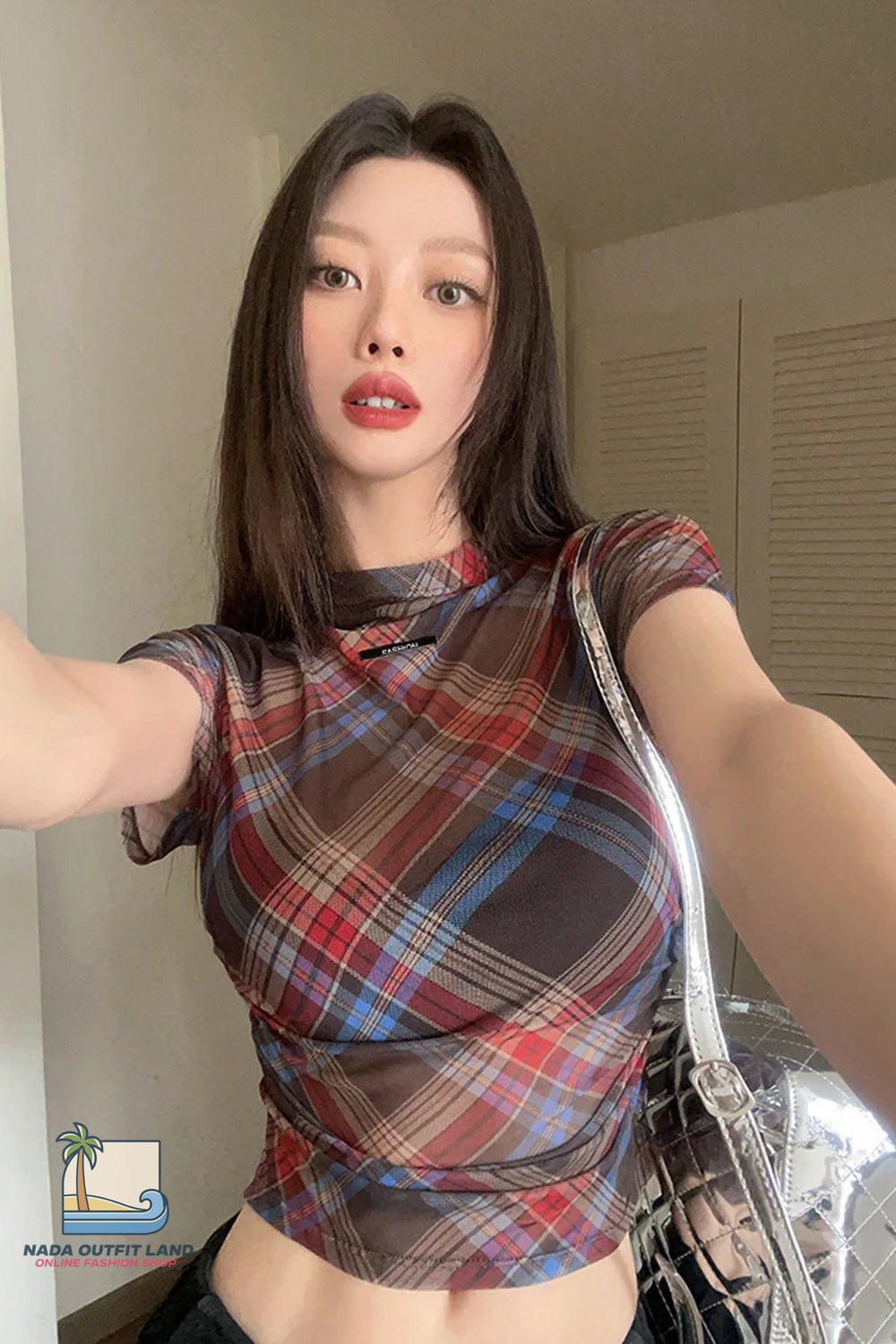 Short Sleeve Plaid Pattern Mesh See Through Summer Slim Shirt