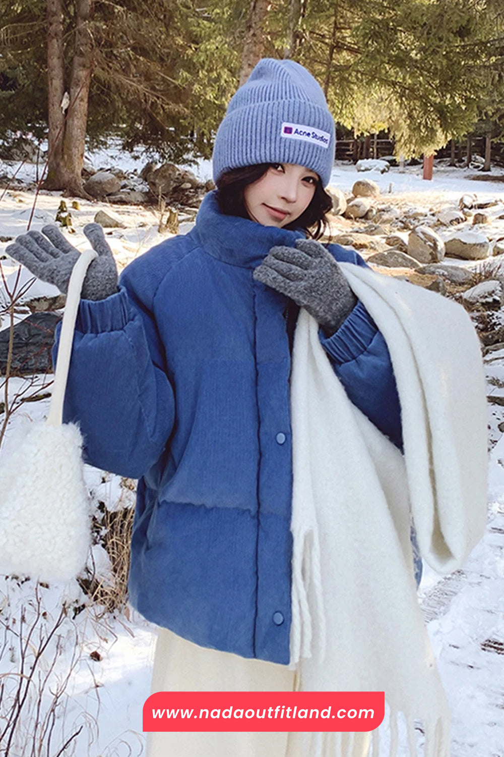 Vintage Blue Stand Collar Puffer Coat Jacket