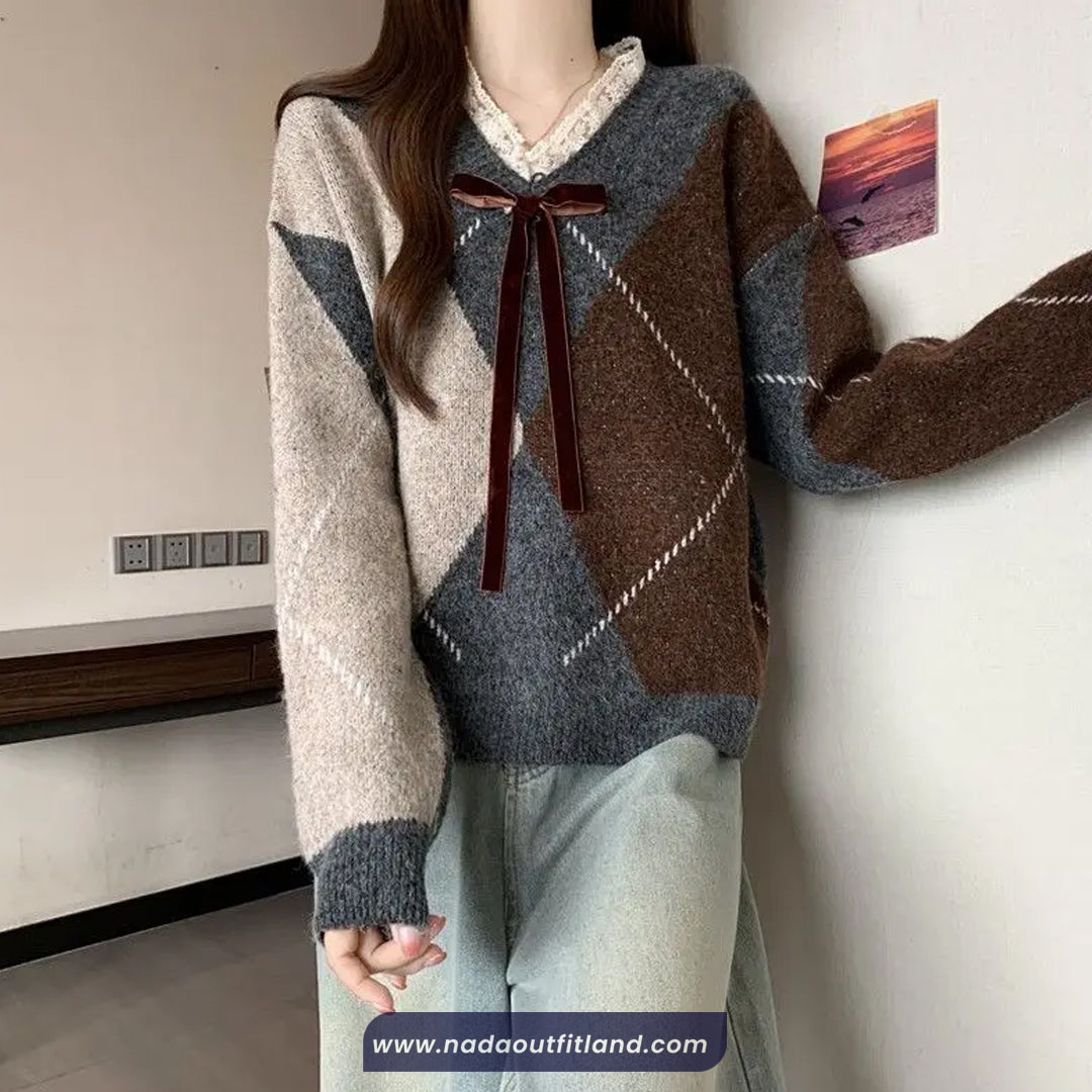 Long Sleeve V-Neck Lace Spliced Argyle Sweater