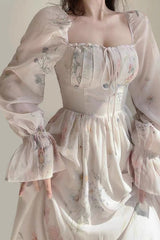 Long Sleeve Retro Floral Pattern Long Dress
