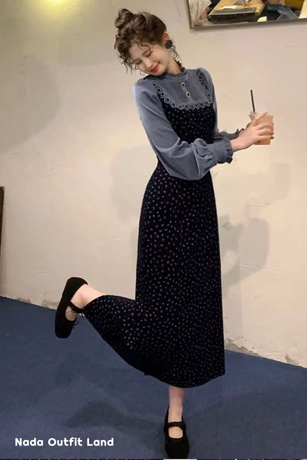 Long Sleeve Elegant Floral Pattern Retro Long Dress