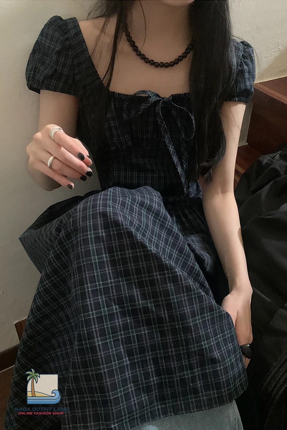 Vintage Puff Sleeve Plaid Pattern Long Bandage Dress